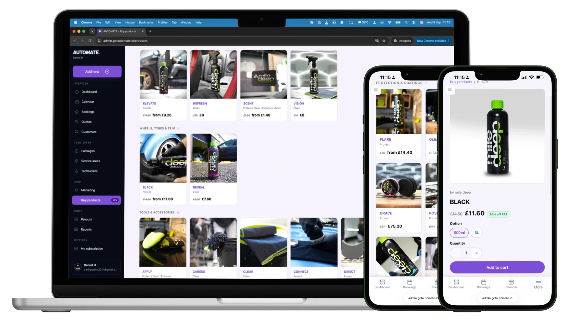 The Automate Store inside the admin dashboard on laptop, tablet and phone, showing discounted detailing products