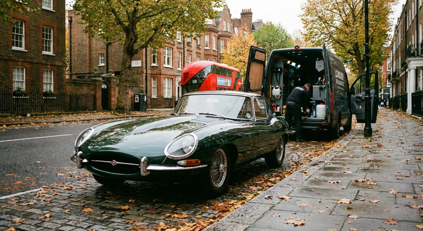 Mobile car detailer in a navy polo shirt cleaning a dark premium car at golden hour with a smartphone showing a booking calendar nearby