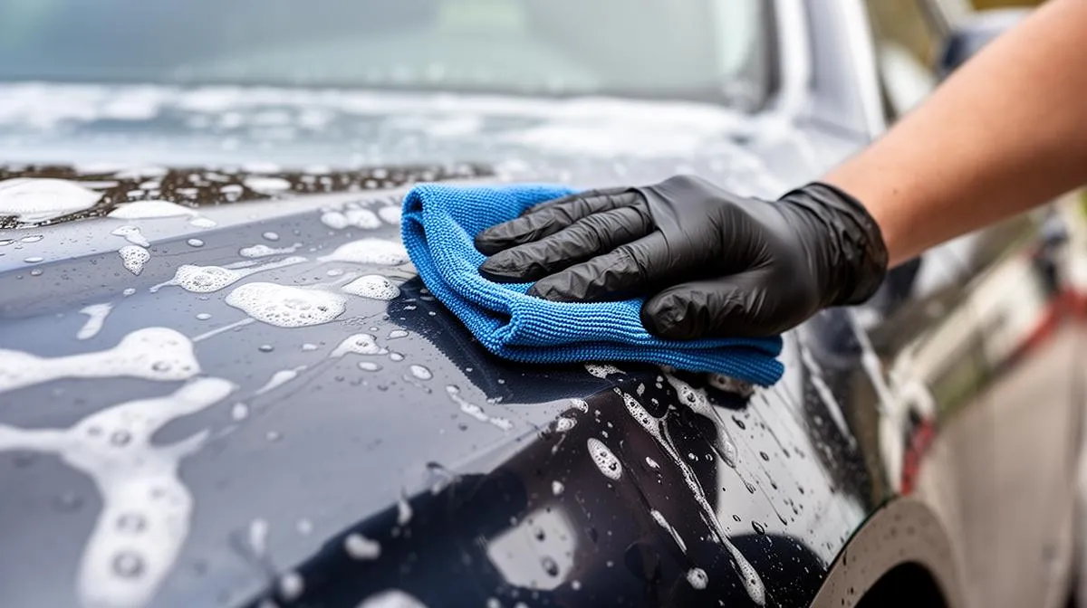 Close-up of a mobile valeter detailing a car with a microfibre cloth