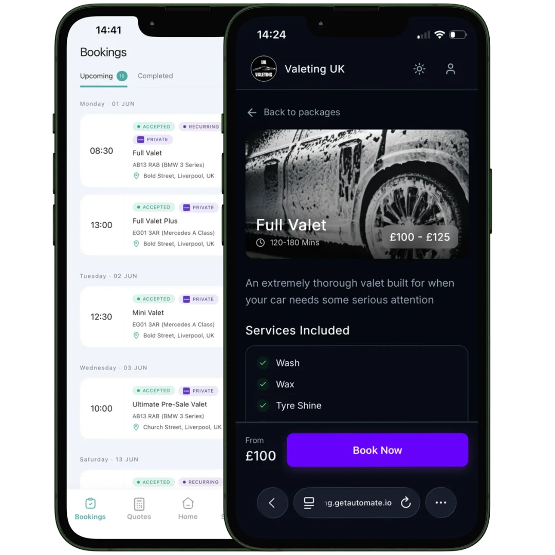 Automate booking app shown on two phones: bookings list and service detail with Book Now